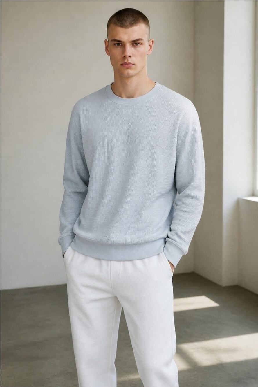 J.Crew Men's Waffle Knit Thermal Crewneck Sweatshirt Light Blue Small Preppy